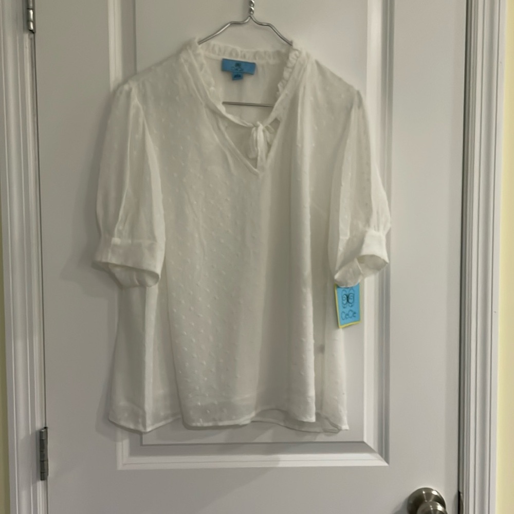 CeCe White Sheer Dot Tie-Neck Blouse